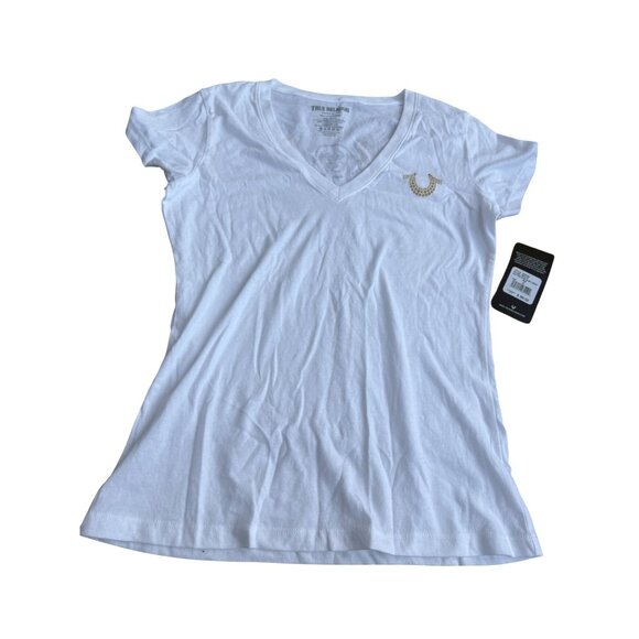 True Religion Women's Glitter Icon Slim V-Neck Tee White 100% Cotton .Size Small - Picture 5 of 7